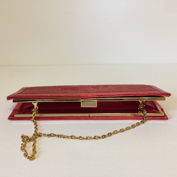 Scarlet Red Evening Party Sequins Clutch Gold Chain - Picture 5 of 9